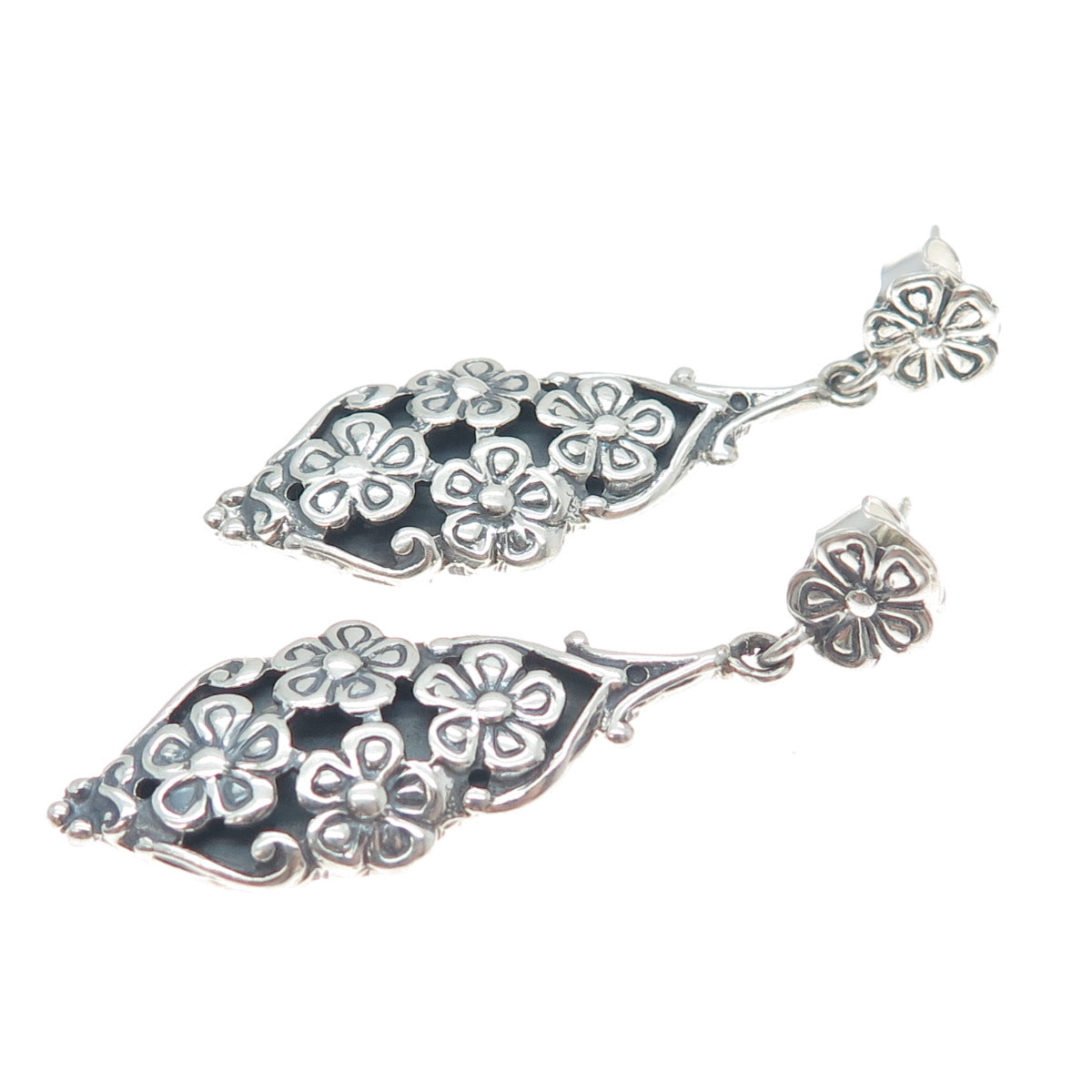 950 Silver Vintage Flower Dangle Earrings