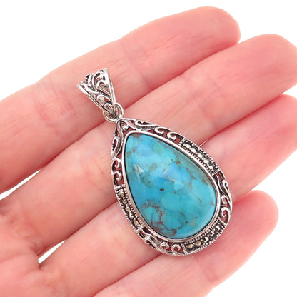 925 Sterling Silver Real Turquoise & Marcasite Teardrop Oxidized Charm Pendant