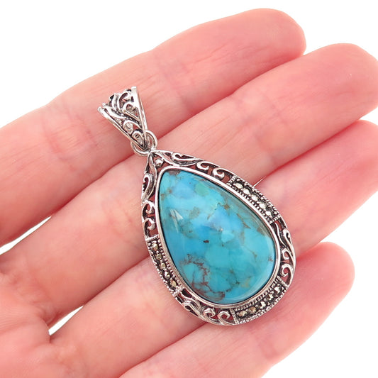 925 Sterling Silver Real Turquoise & Marcasite Teardrop Oxidized Charm Pendant