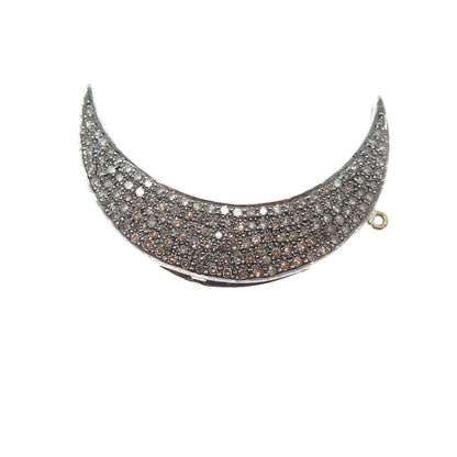 925 Sterling Silver Real Round-Cut Diamond Crescent Moon Oxidized Pendant