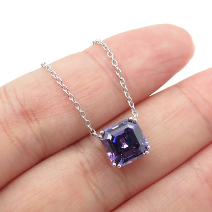 925 Sterling Silver Real Asscher-Cut Amethyst Cable Chain Necklace 17-19"