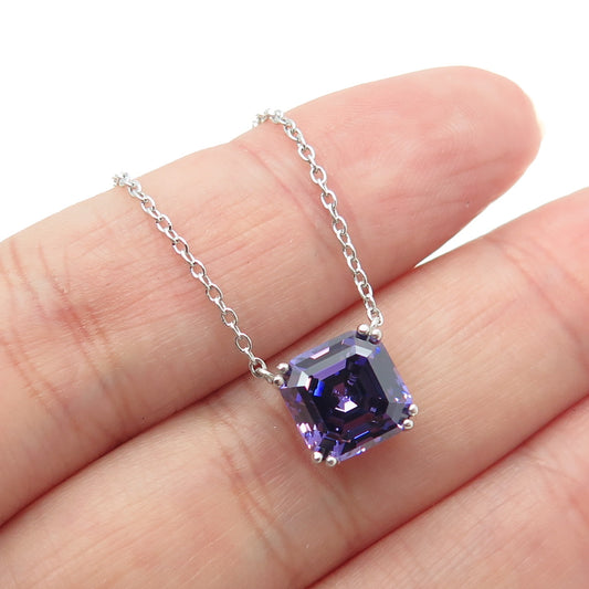 925 Sterling Silver Real Asscher-Cut Amethyst Cable Chain Necklace 17-19"