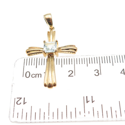 925 Sterling Silver Gold Plated Vintage Real Blue Topaz Cross Charm Pendant