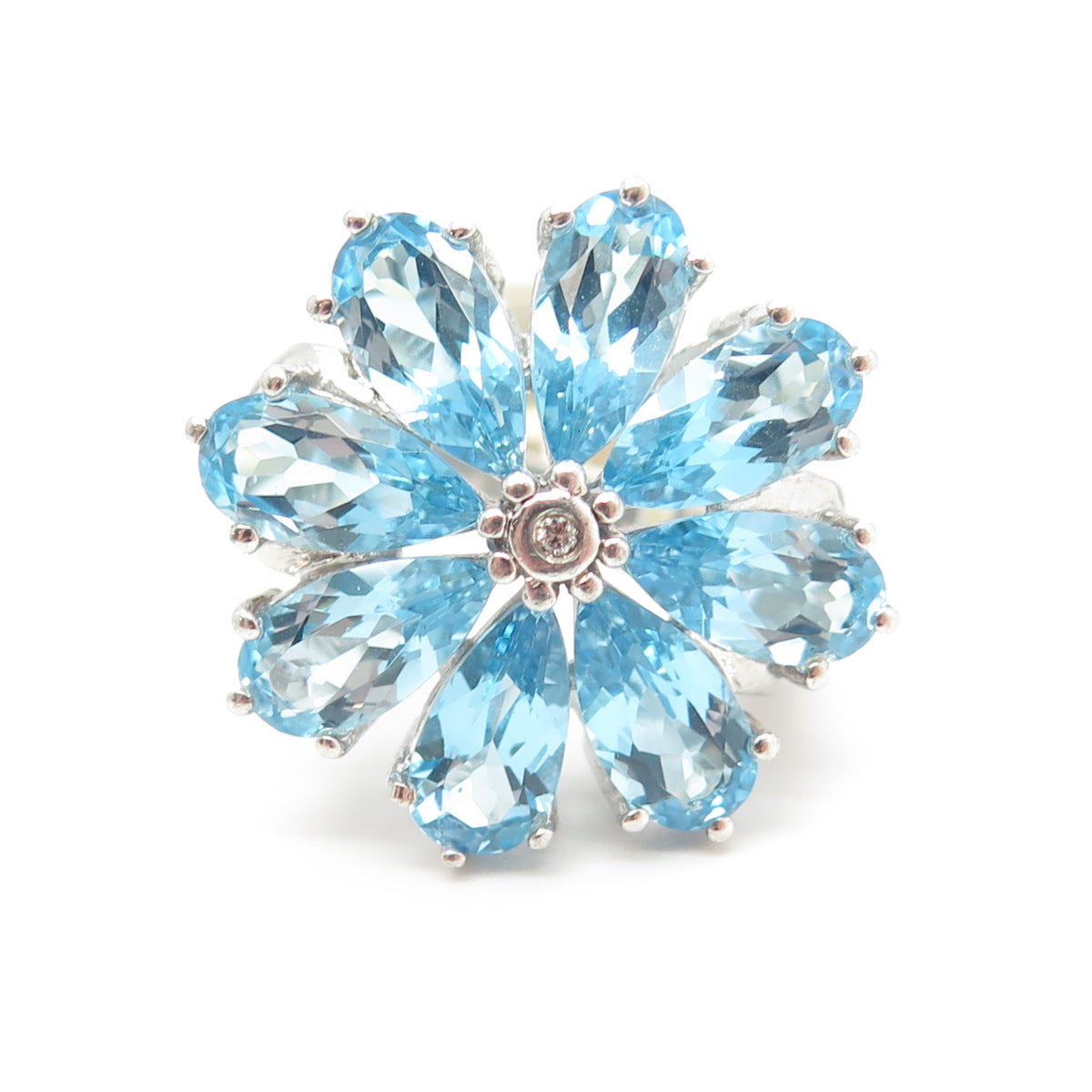 925 Sterling Silver Real White Diamond & Swiss Blue Topaz Gem Ring Size 7.25