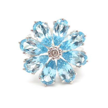 925 Sterling Silver Real White Diamond & Swiss Blue Topaz Gem Ring Size 7.25