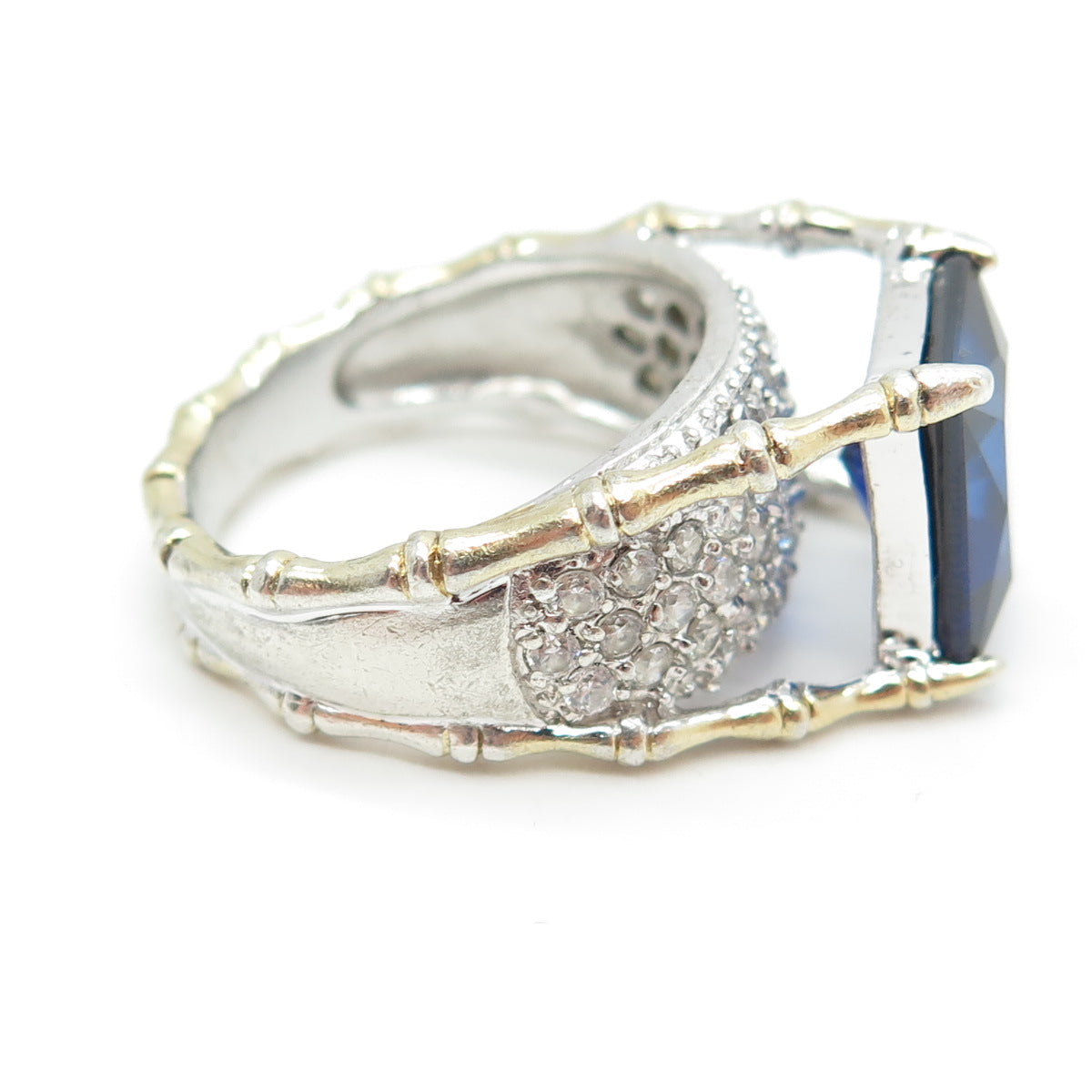 FADI 925 Sterling Silver Lab-Created Sapphire & C Z Bamboo Ring Size 7