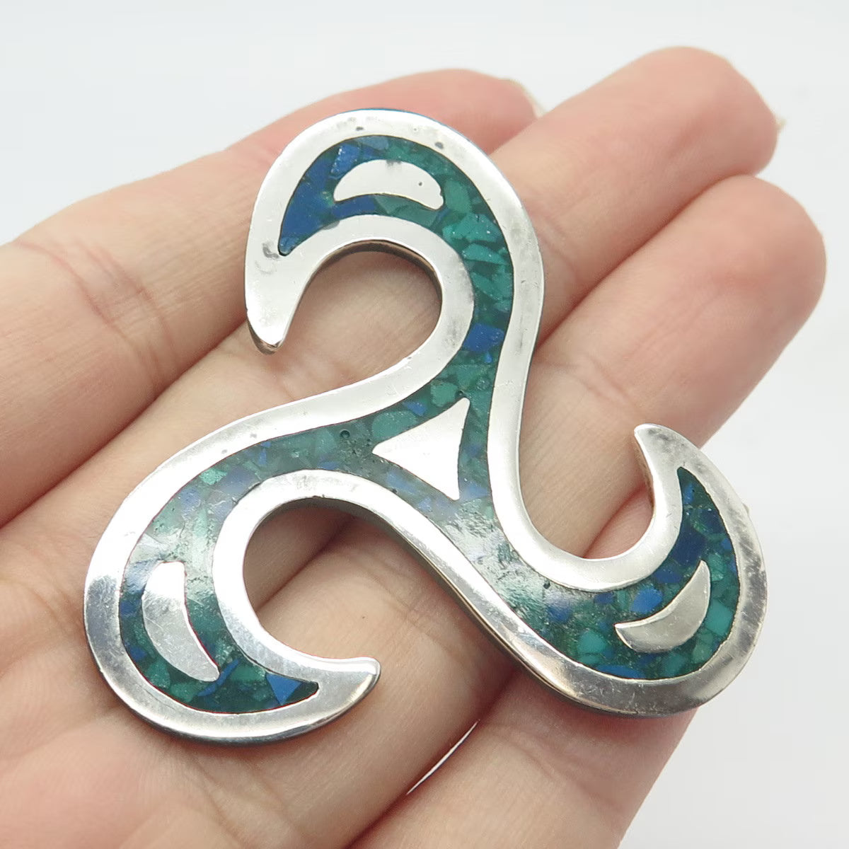 925 Sterling Silver Vintage Mexico Real Azurite Inlay Triskalion Celtic Pendant
