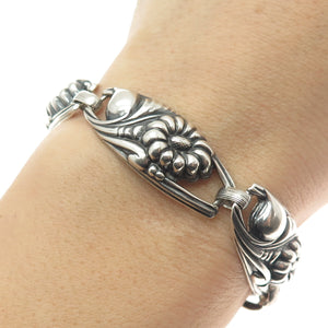 925 Sterling Silver Antique Art Deco Flower Panel Link Oxidized Bracelet 7.75"