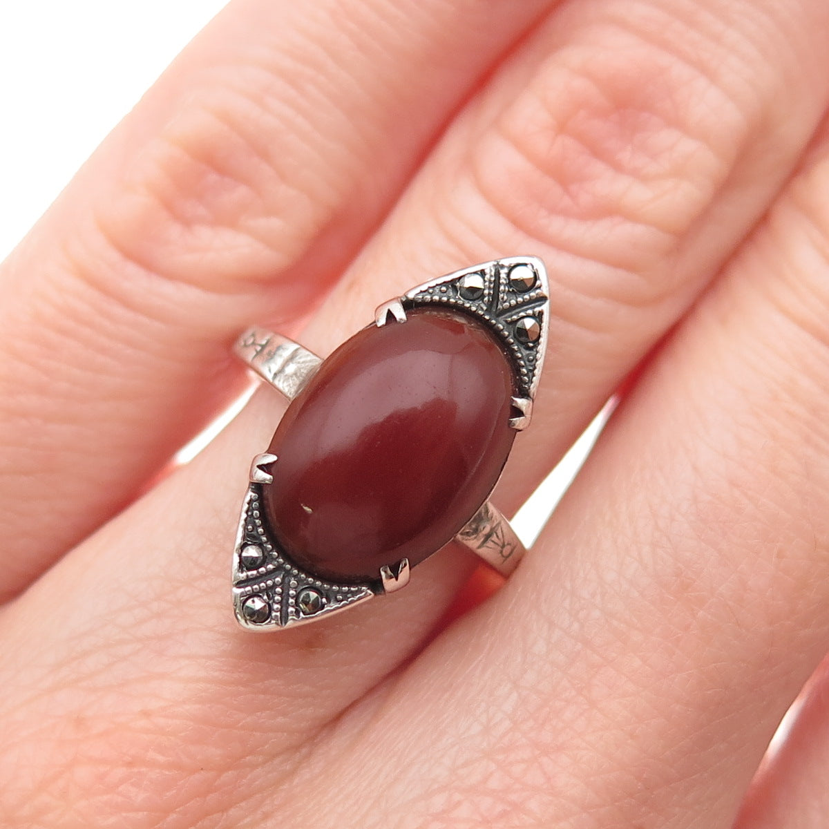 925 Sterling Silver Antique Art Deco Real Carnelian & Marcasite Ring Size 5