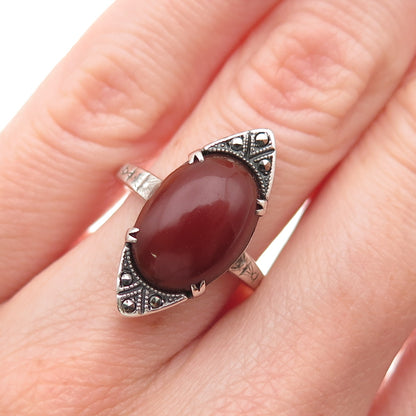 925 Sterling Silver Antique Art Deco Real Carnelian & Marcasite Ring Size 5