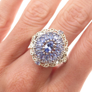 Chuck Clemency 925 Sterling Silver 2-Tone Real Tanzanite Floral Ring Size 8.25