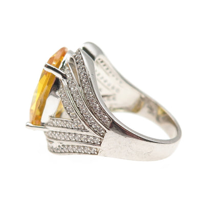 925 Sterling Silver Oval-Cut Canary & Round-Cut White C Z Ring Size 7