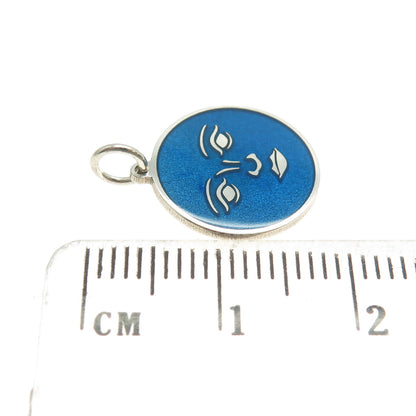 925 Sterling Silver Blue Enamel Moon Face Round Tag Minimalist Charm Pendant