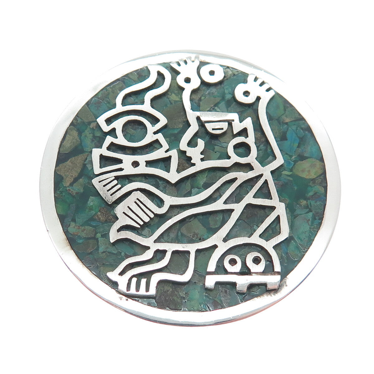 925 Sterling Silver Vintage Real Azurite Inlay Mayan Warrior Pin Pendant