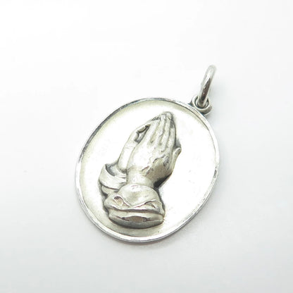 925 Sterling Silver Vintage M De Jean Praying Hands Medal Charm Pendant