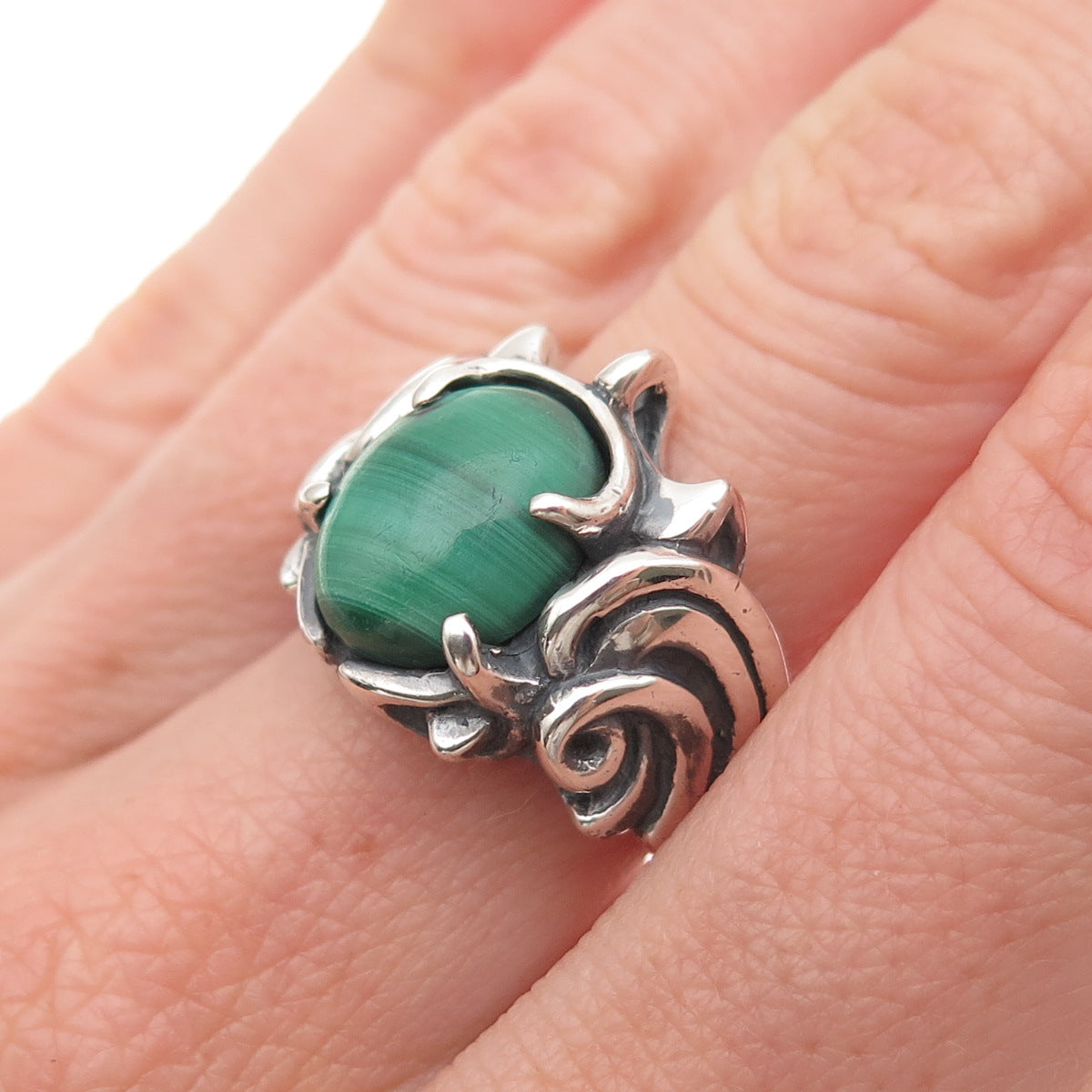 Carolyn Pollack Sterling Silver Vintage Real Malachite Modernist Ring Size 6.5