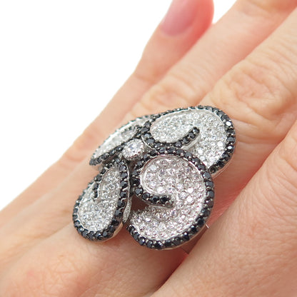 925 Sterling Silver Round-Cut Black & White C Z Flower Blossom Ring Size 8.25