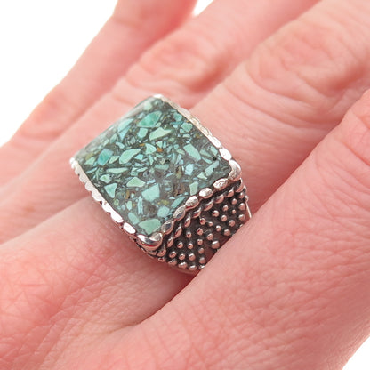 925 Sterling Silver Vintage Real Turquoise Inlay Granulated Ring Size 6.5