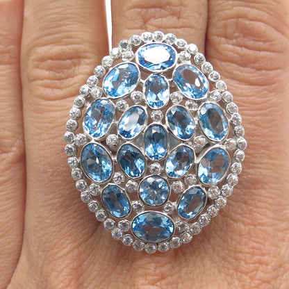 925 Sterling Silver Real Oval-Cut Blue Round-Cut White Topaz Cluster Ring Size 7