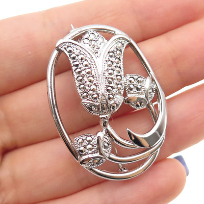 THEDA Sterling Silver Antique Art Deco Real Marcasite Tulip Flower Pin Brooch