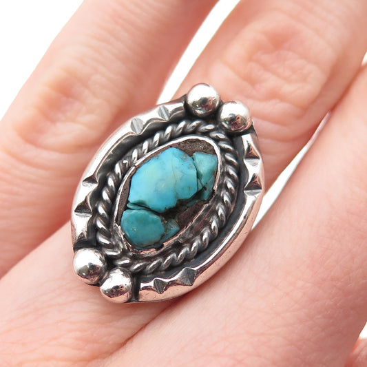 Old Pawn Sterling Silver Vintage Southwestern Turquoise Tribal Ring Size 3.75