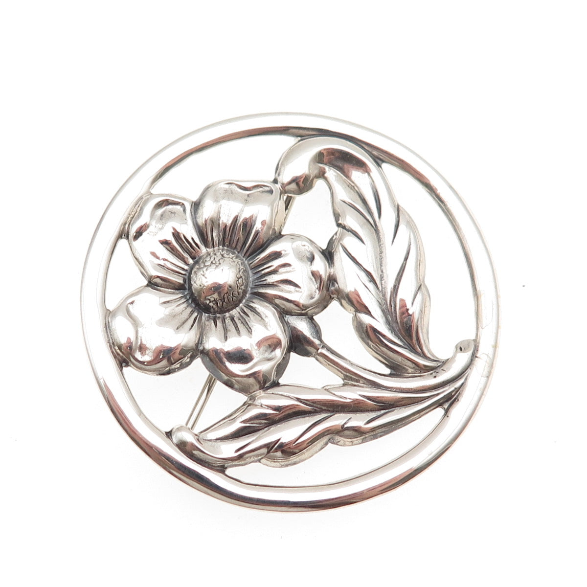 925 Sterling Silver Vintage Floral Oxidized Pin Brooch