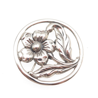 925 Sterling Silver Vintage Floral Oxidized Pin Brooch