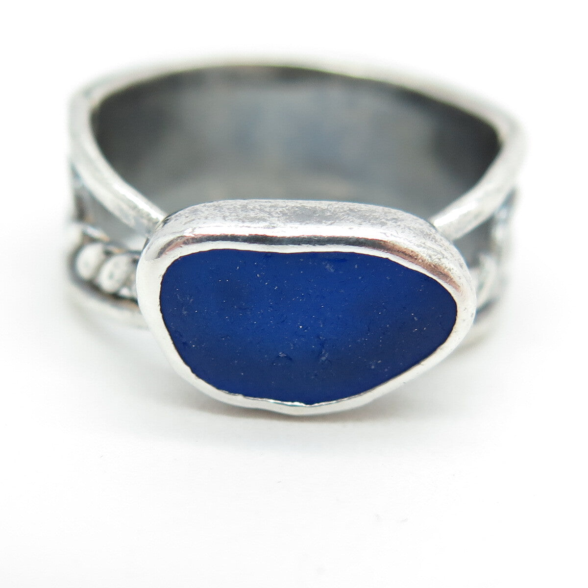 RADIANT SUN 925 Sterling Silver Vintage Blue Glass Modernist Ring Size 7.75