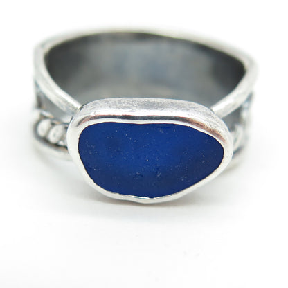 RADIANT SUN 925 Sterling Silver Vintage Blue Glass Modernist Ring Size 7.75