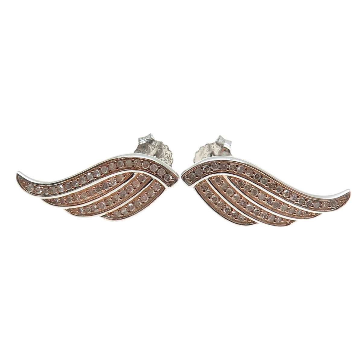 925 Sterling Silver 2-Tone Real Round-Cut Diamond Angel Wing Earrings