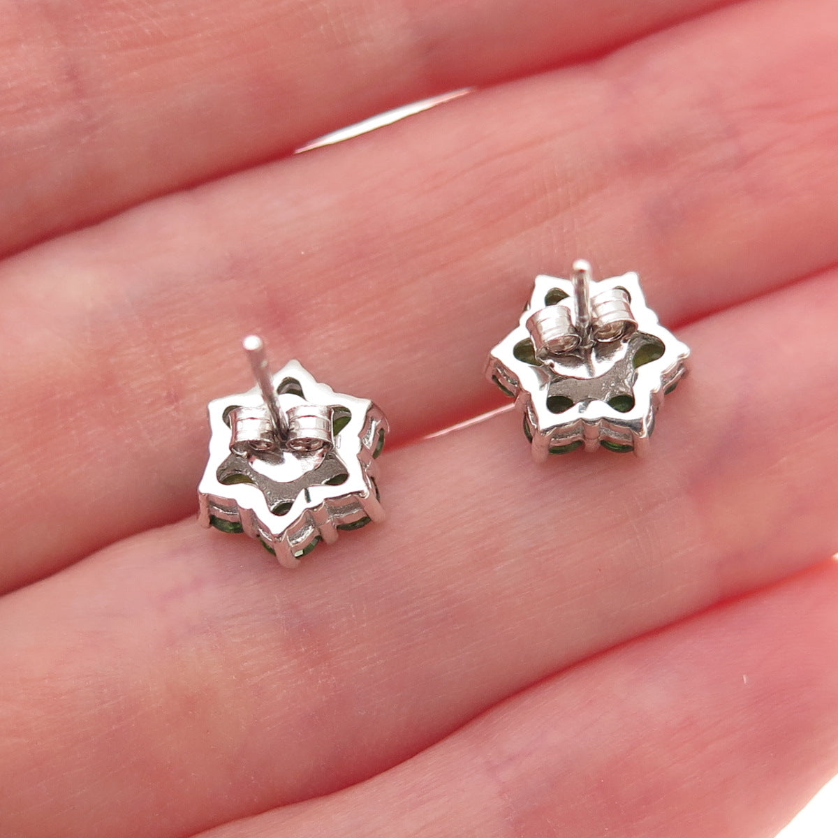 925 Sterling Silver Real Round-Cut Diamond & Peridot Floral Stud Earrings
