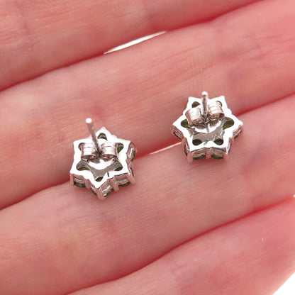 925 Sterling Silver Real Round-Cut Diamond & Peridot Floral Stud Earrings