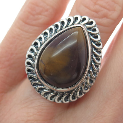 925 Sterling Silver Vintage Real Pear-Cut Tiger Eye Oxidized Ring Size 8.5