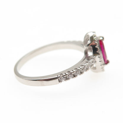 925 Sterling Silver Vintage Marquise-Cut Lab-Created Ruby & C Z Ring Size 9