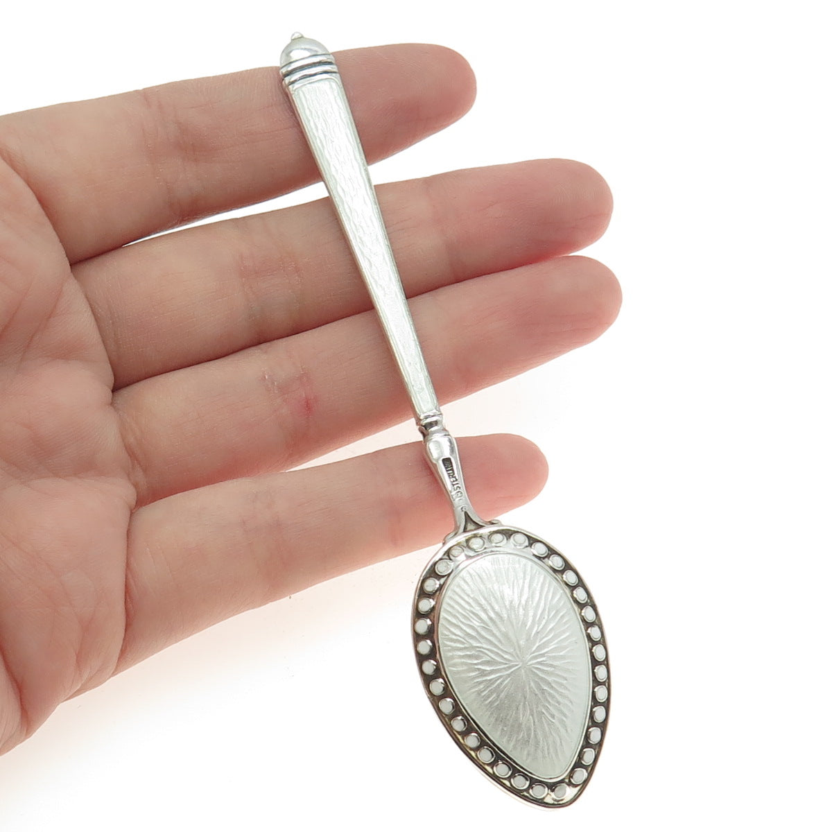 WATSON 925 Sterling Silver Vintage White Guilloche Enamel Coffee Spoon