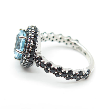 925 Sterling Silver Real Blue Topaz & Black Spinel Gemstone Ring Size 6