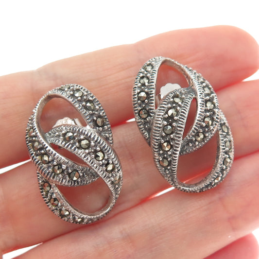 925 Sterling Silver Vintage Real Marcasite Interlocked Eternity Earrings