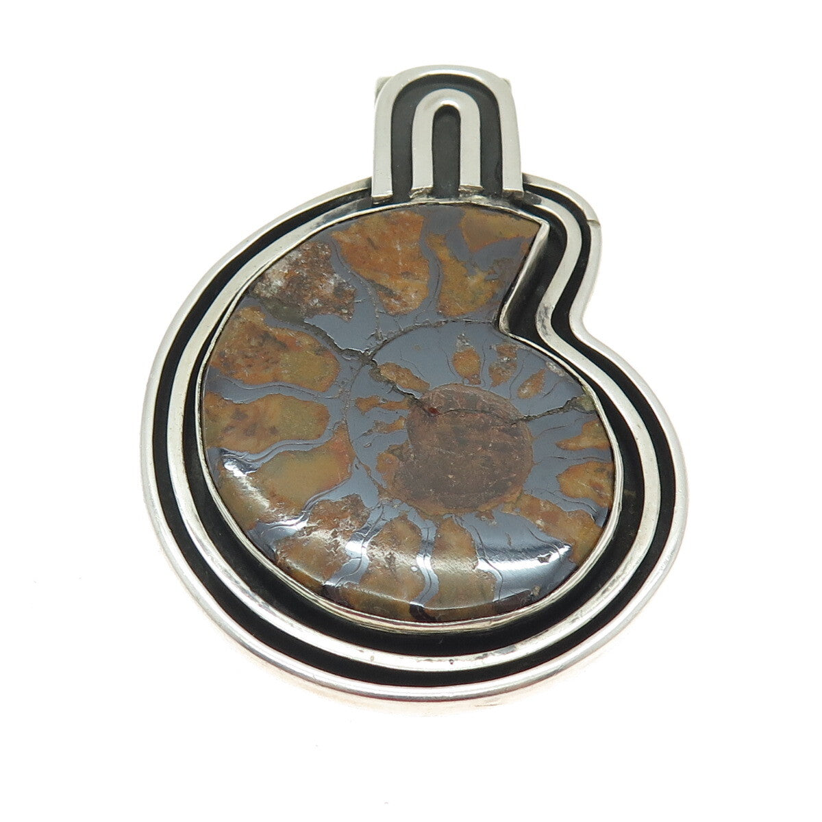 925 Sterling Silver Vintage Real Ammolite Fossil Tribal Amulet Pendant