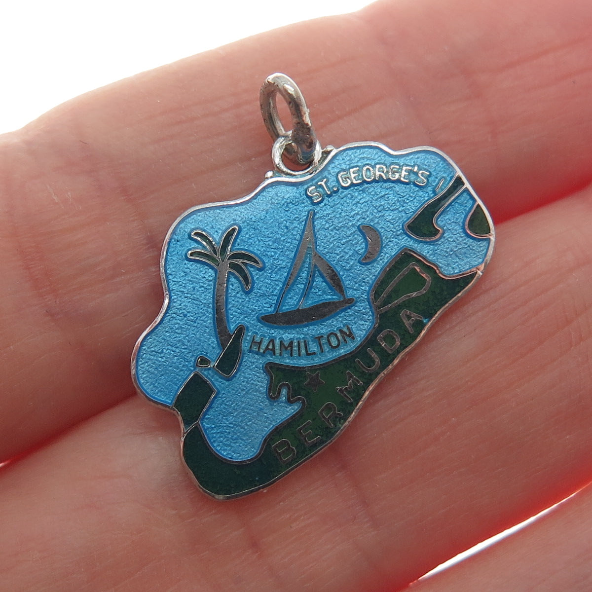 WELLS 925 Sterling Silver Vintage Enamel Bermuda Map Minimalist Charm Pendant