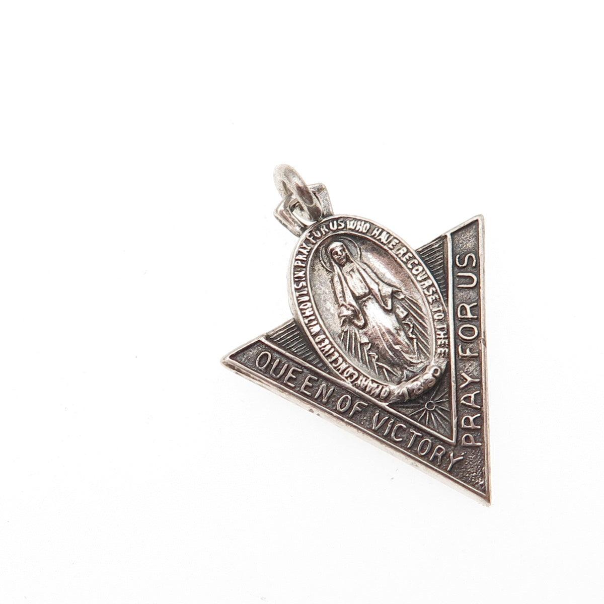 925 Sterling Silver Antique WWII St Mary Queen of Victory Oxidized Charm Pendant