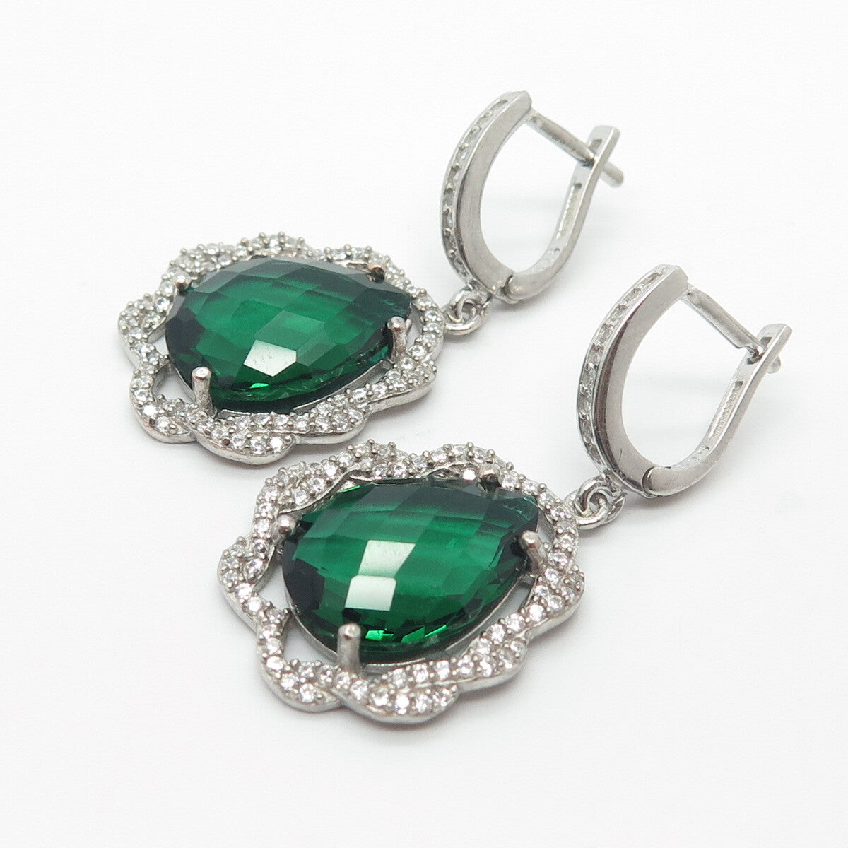925 Sterling Silver White & Green C Z Dangling Earrings