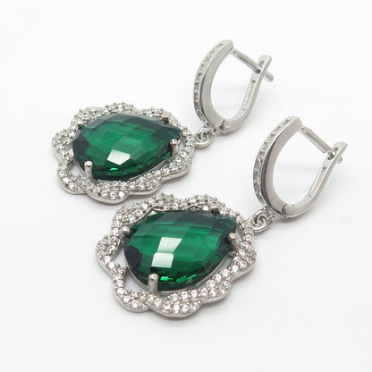 925 Sterling Silver White & Green C Z Dangling Earrings