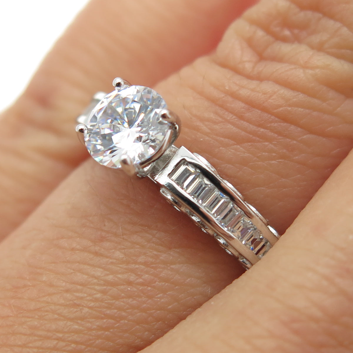 925 Sterling Silver Baguette & Round-Cut C Z Engagement Ring Size 6