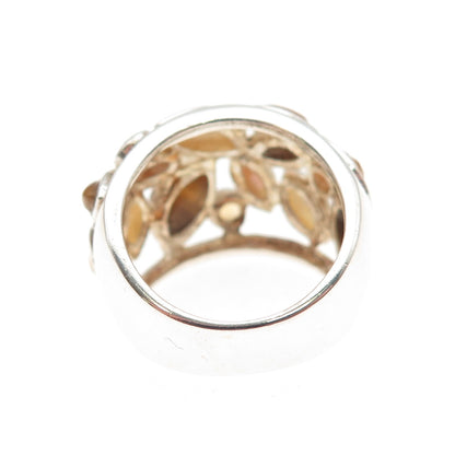 925 Sterling Silver Vintage Real Tiger Eye Citrine & MOP Cluster Ring Size 6