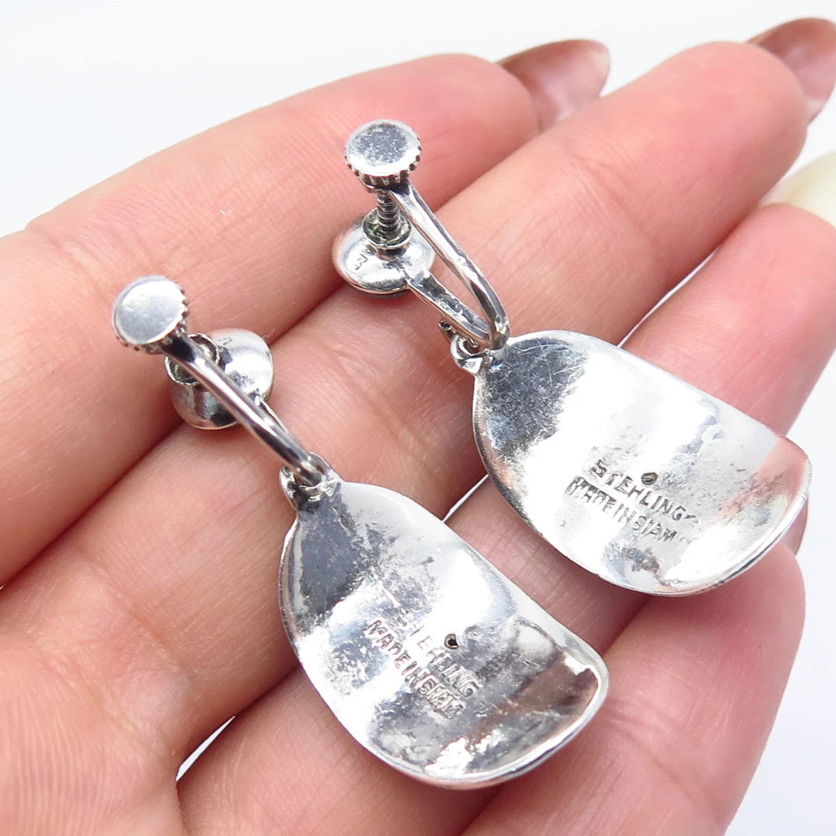 925 Sterling Silver Vintage Siam Niello Hindu Goddess Screw Back Earrings