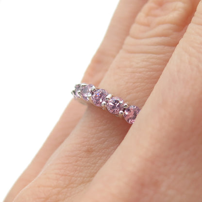925 Sterling Silver Round-Cut Pink C Z Half Eternity Band Ring Size 5
