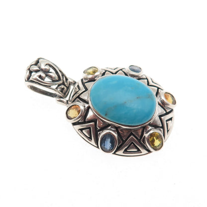 SX Sally C 925 Sterling Vintage Real Turquoise Blue & Yellow Sapphire Pendant