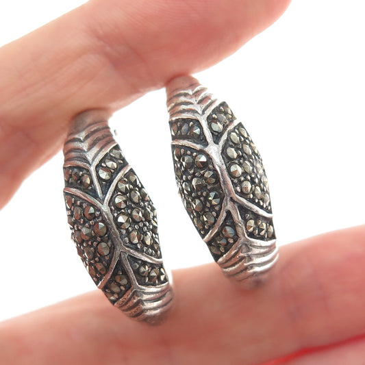 925 Sterling Silver Vintage Real Marcasite Modernist Oxidized Hoop Earrings