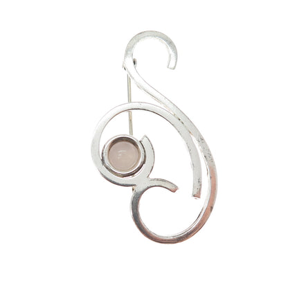 925 Sterling Silver Vintage Real Rose Quartz Modernist Swirl Pin Brooch
