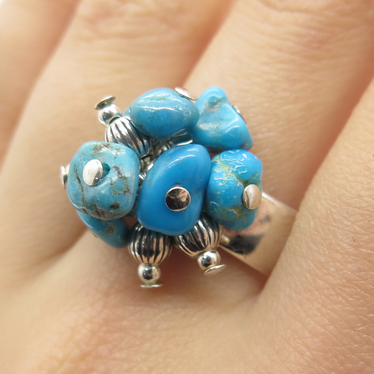 SHUBE 925 Sterling Silver Vintage Real Bisbee Turquoise Beads Ring Size 10.25